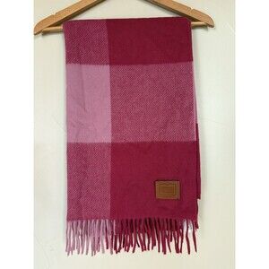COACH Buffalo Plaid Oversized Wool Scarf Wrap, Pink & Red, Fringe 72x 26